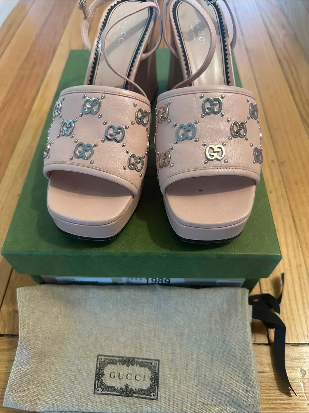 Gucci Blush Pink Platform Slingback Sandals with Interlocking G Studs